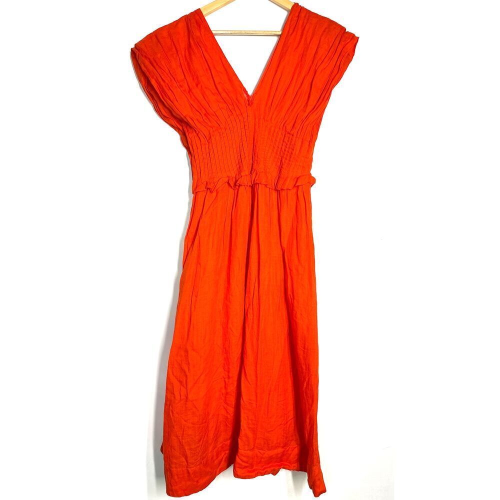 Sea New York Zora Dress Short Sleeve V-Neck Pleated Midi A-Line Red Orange 12 - Picture 3 of 9
